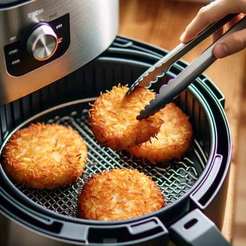 A pair of tongs carefully flipping hash brown patties in an air fryer