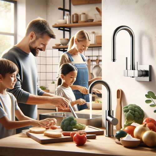 A family gathered in a kitchen with a single handle wall mount faucet