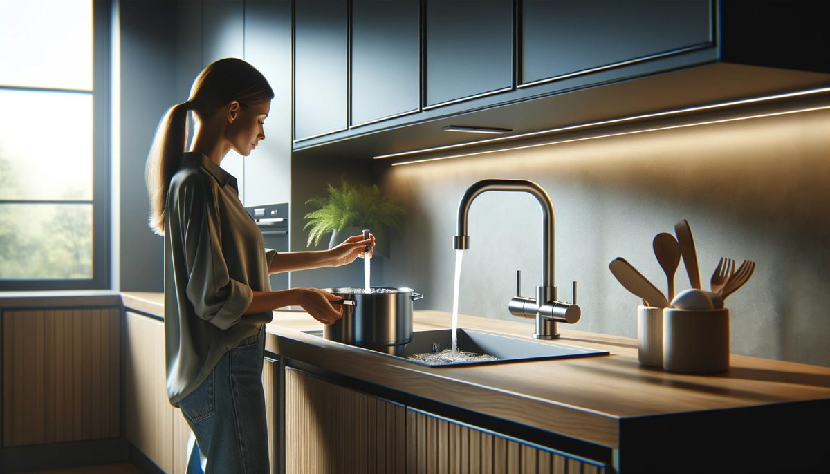 A modern, spacious kitchen with a single handle wall mount faucet above the sink.