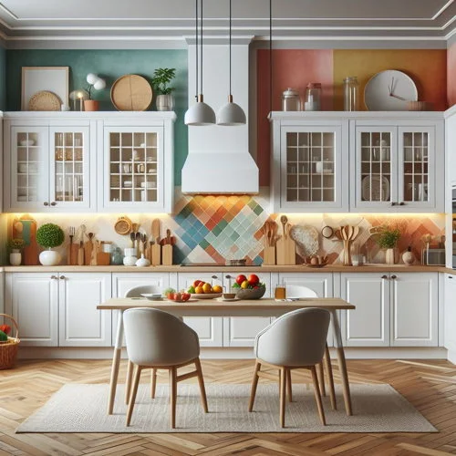 White Cabinets with multi colored walls