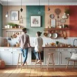 White Kitchen Cabinets with multi-colored walls and a couple