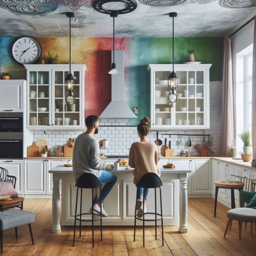 White Kitchen Cabinets with multi colored walls and a couple (3)