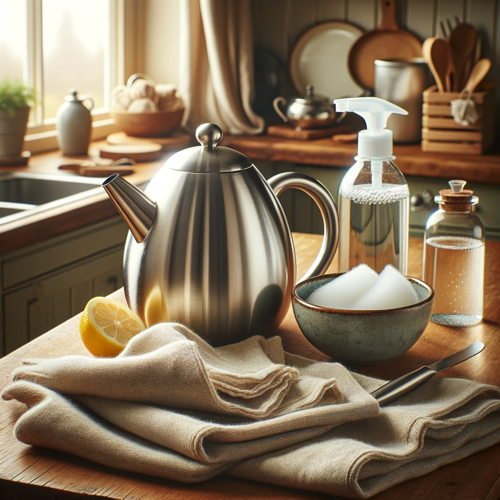 cozy kitchen scene depicting the care of a stainless steel teapot
