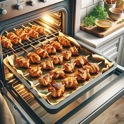 golden brown chicken spiedies. The chicken pieces are skewered and perfe