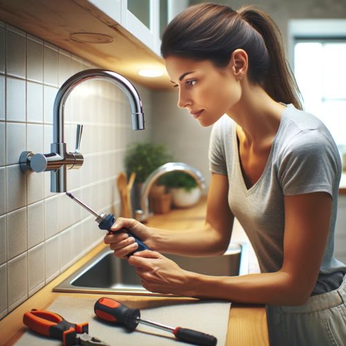 woman repairing a single handle wall mount kitchen faucet